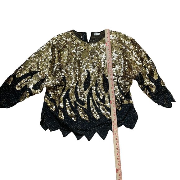 Vintage Women's Iris Silk Beaded Sequin Top Size 42 Gold Black Cocktail Going Ou - Picture 7 of 11